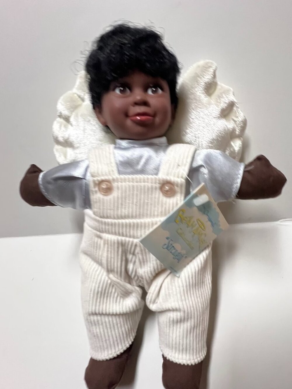 BLACK ANGEL BOY DOLL  REALISTIC HAIR  WHITE CORDUROY OVERALLS  VELVETY WINGS